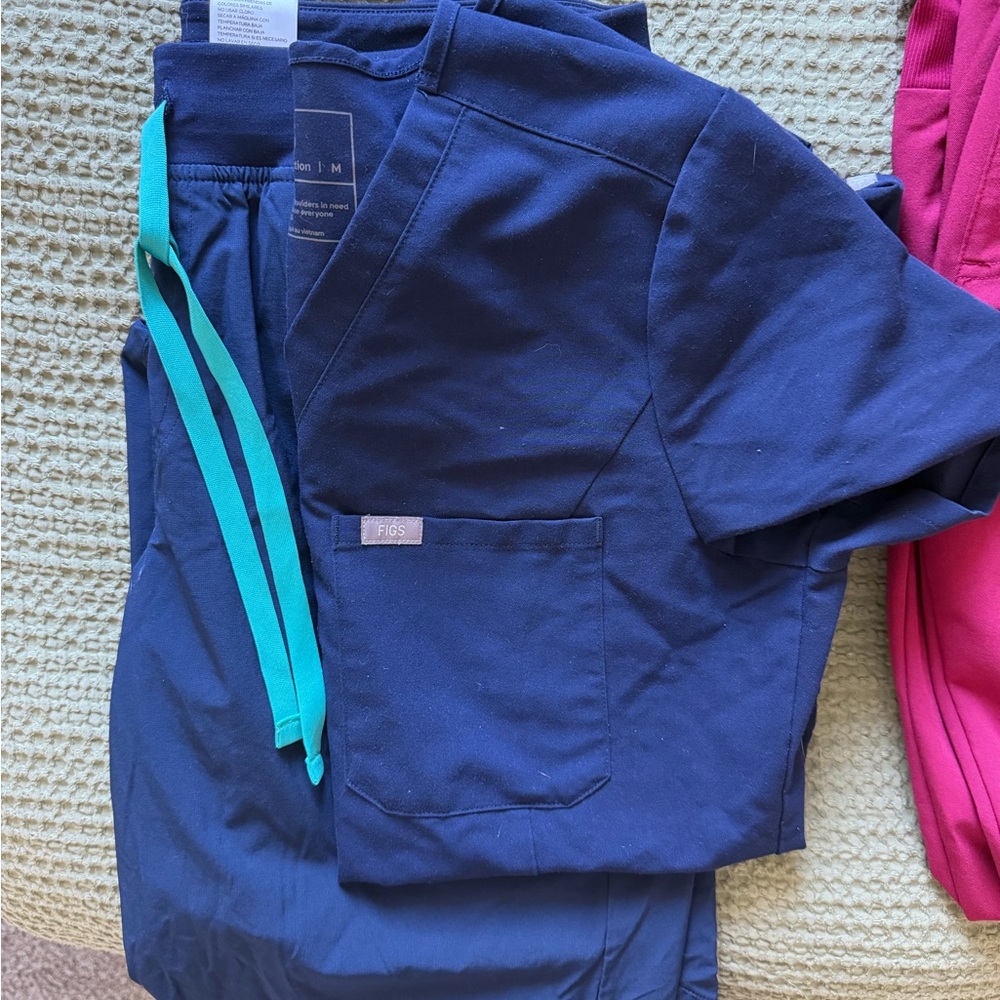 Figs Navy Scrub Top and bottom joggers  with Teal Accents